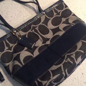 Coach navy blue denim tote with brass hardware